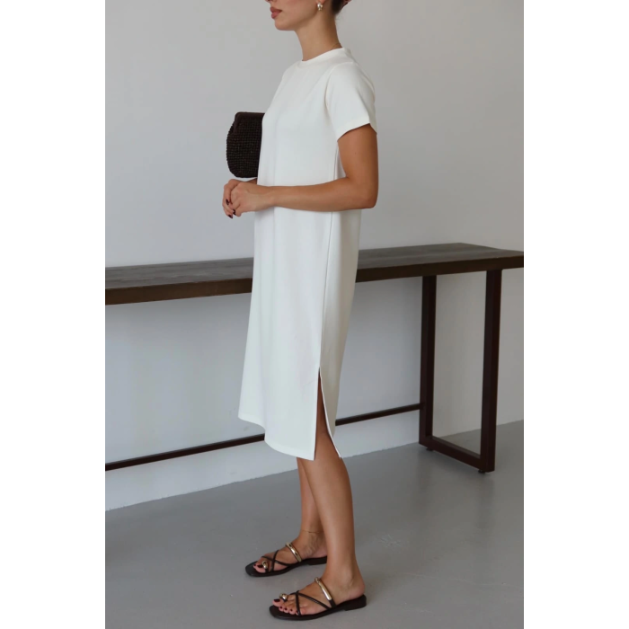 Modal yırtmaçlı elbise beyaz pt