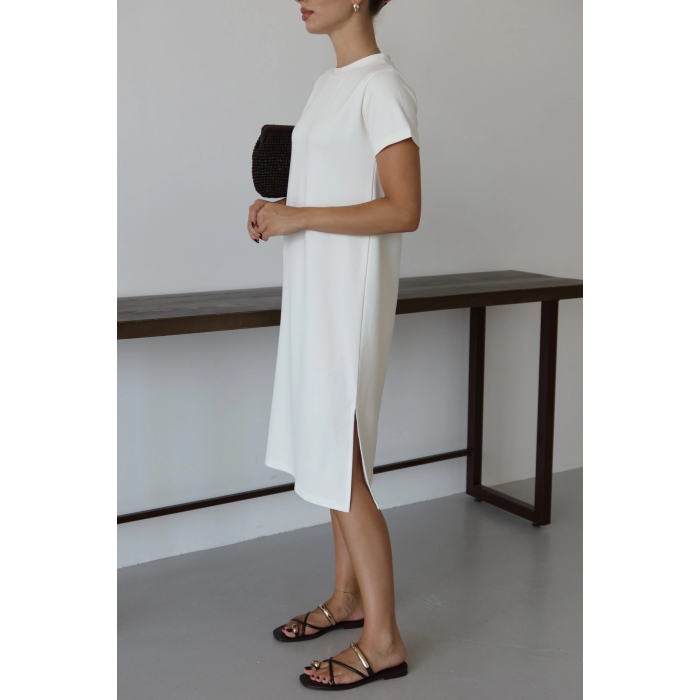 Modal yırtmaçlı elbise beyaz pt