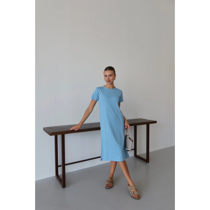 Modal yırtmaçlı elbise mavi pt