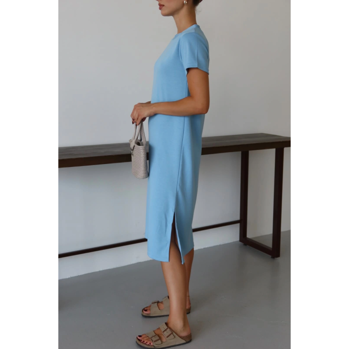 Modal yırtmaçlı elbise mavi pt