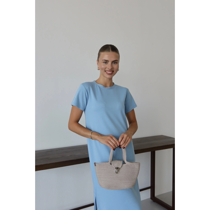 Modal yırtmaçlı elbise mavi pt