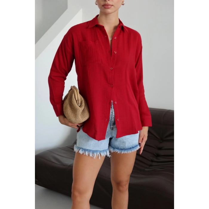 Tek cepli müslin gömlek bordo pt