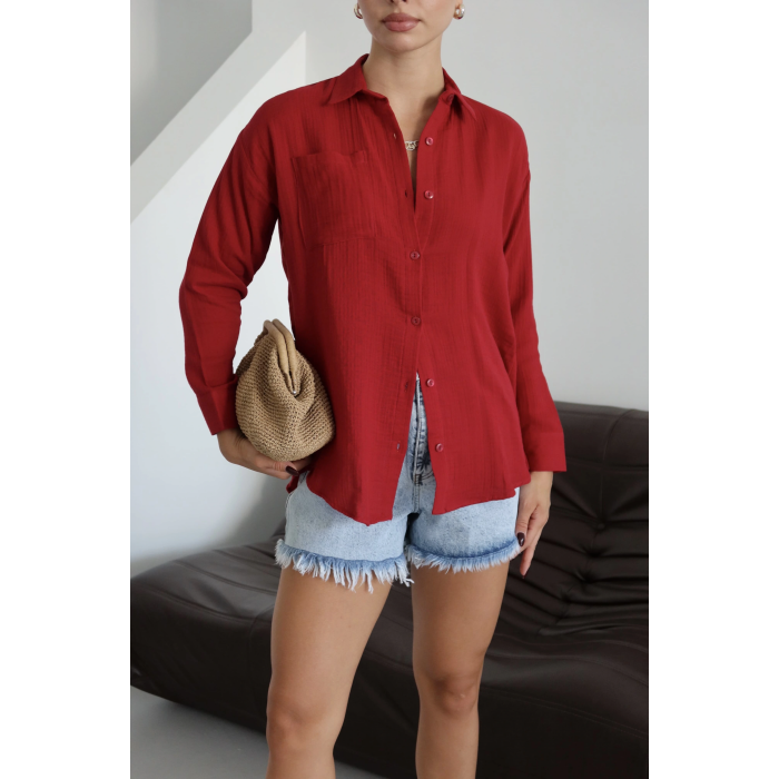 Tek cepli müslin gömlek bordo pt