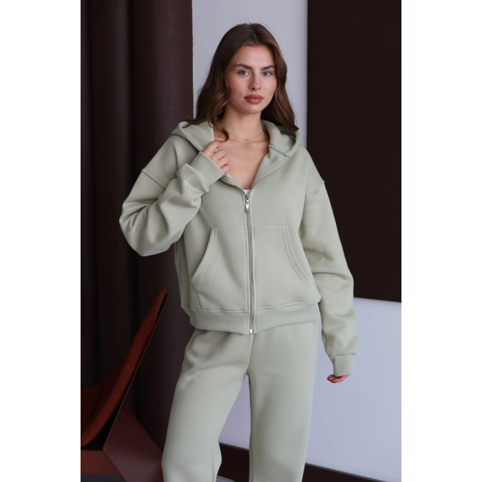 3 iplik şardonlu kapşonlu hoodie frm mint p510437