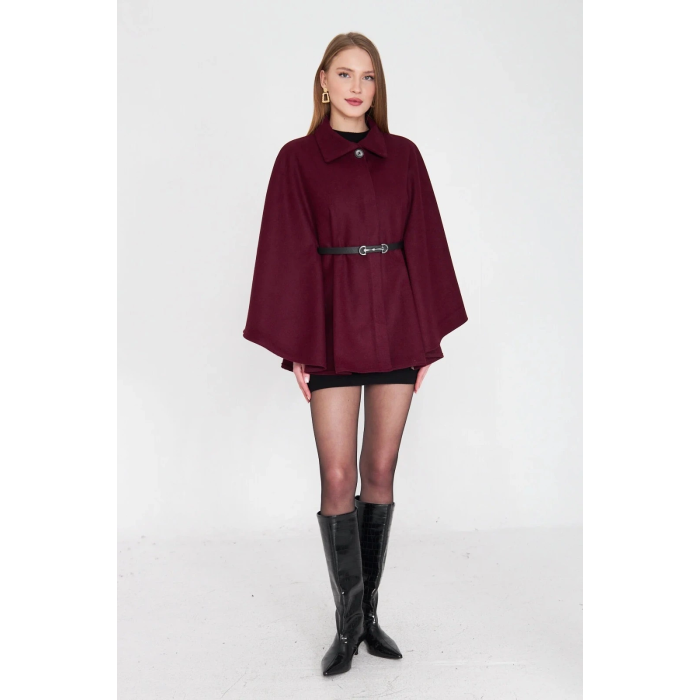 Kemerli kaşe panço bordo pt