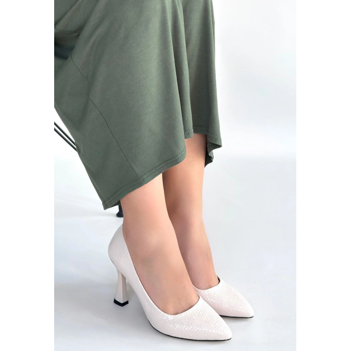 Merio Bej Baskılı Rugan Topuklu Ayakkabı