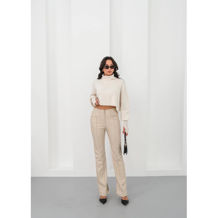 İspanyol yırtmaçlı paça deri pantolon bej hn