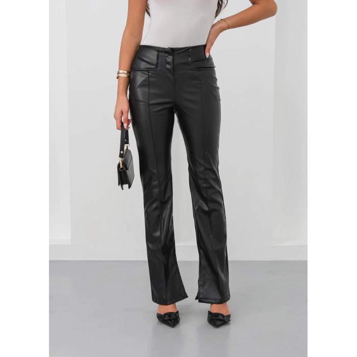İspanyol yırtmaçlı paça deri pantolon siyah hn
