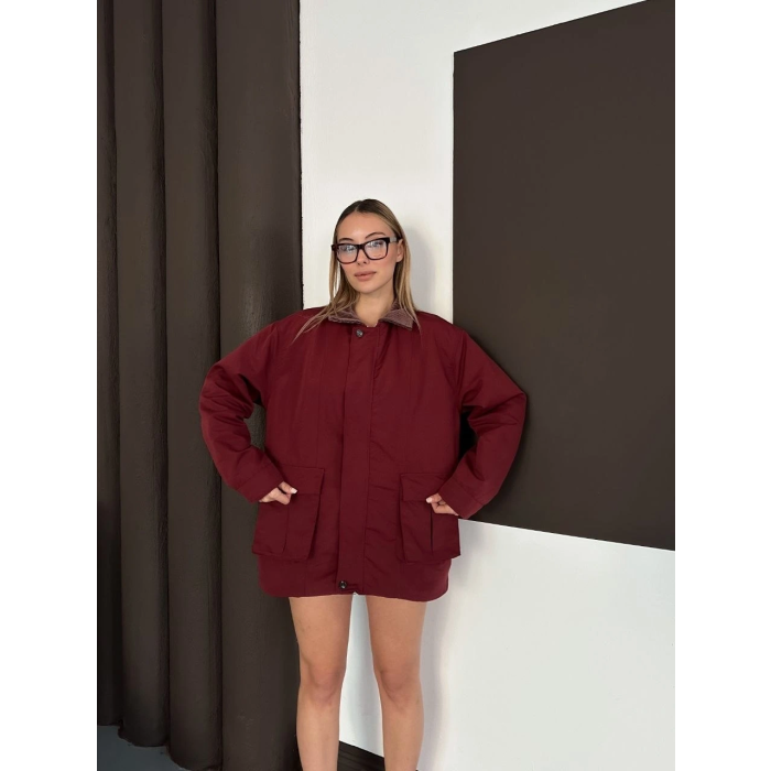 Astarlı yaka detaylı artos ceket bordo st2651019