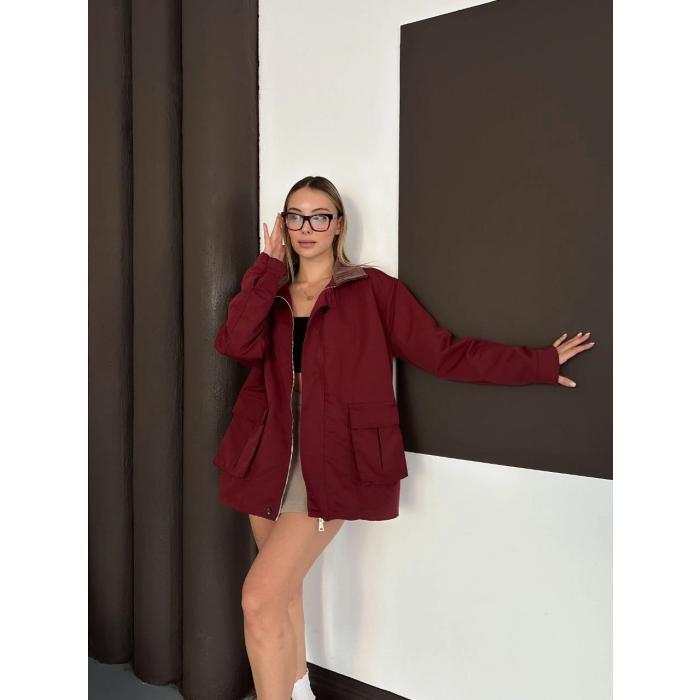 Astarlı yaka detaylı artos ceket bordo st2651019