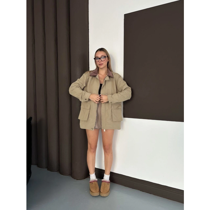 Astarlı yaka detaylı artos ceket haki st2651019