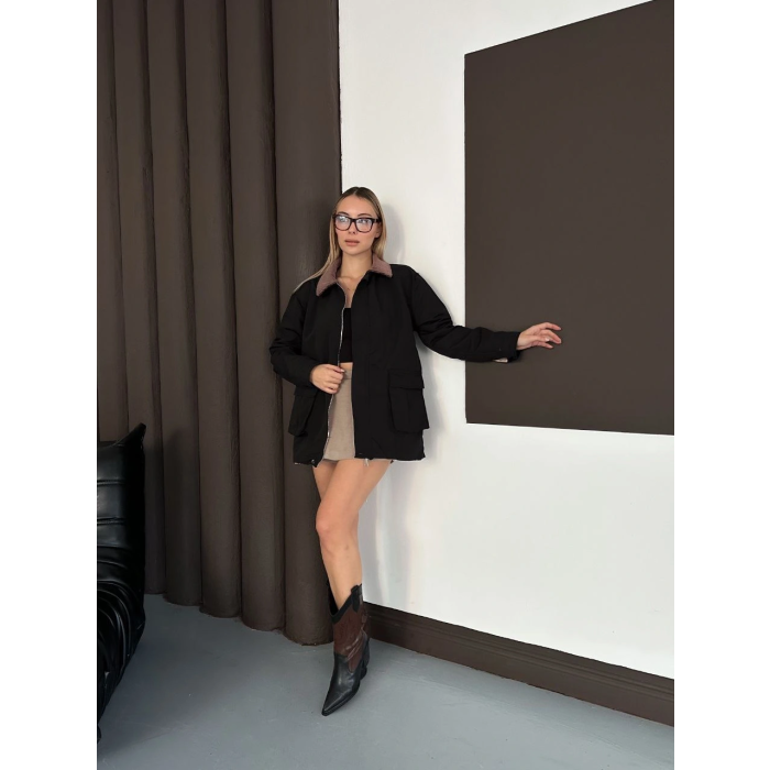 Astarlı yaka detaylı artos ceket siyah st2651019