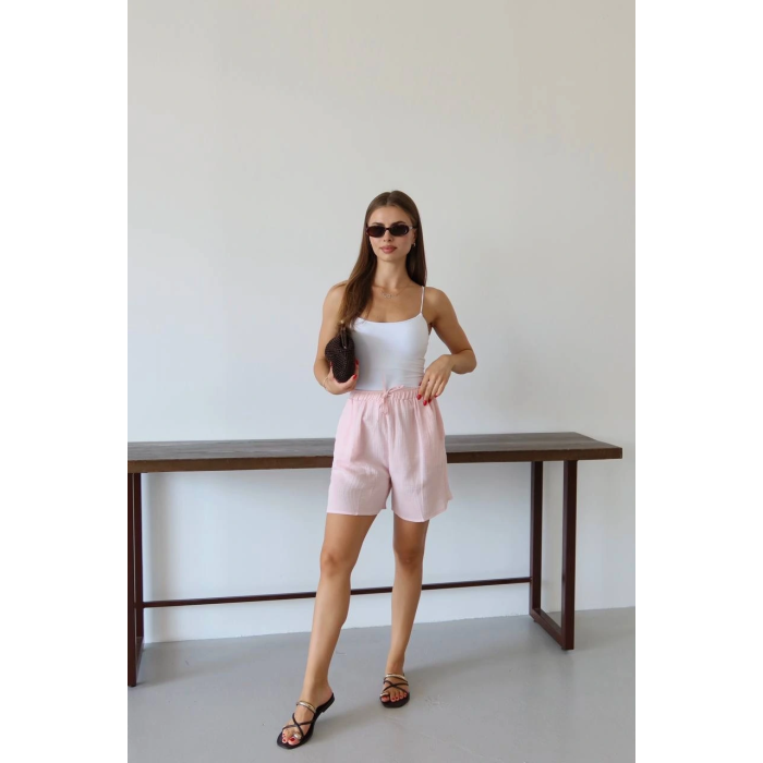 Müslin kumaş şort bağcıklı pembe pt