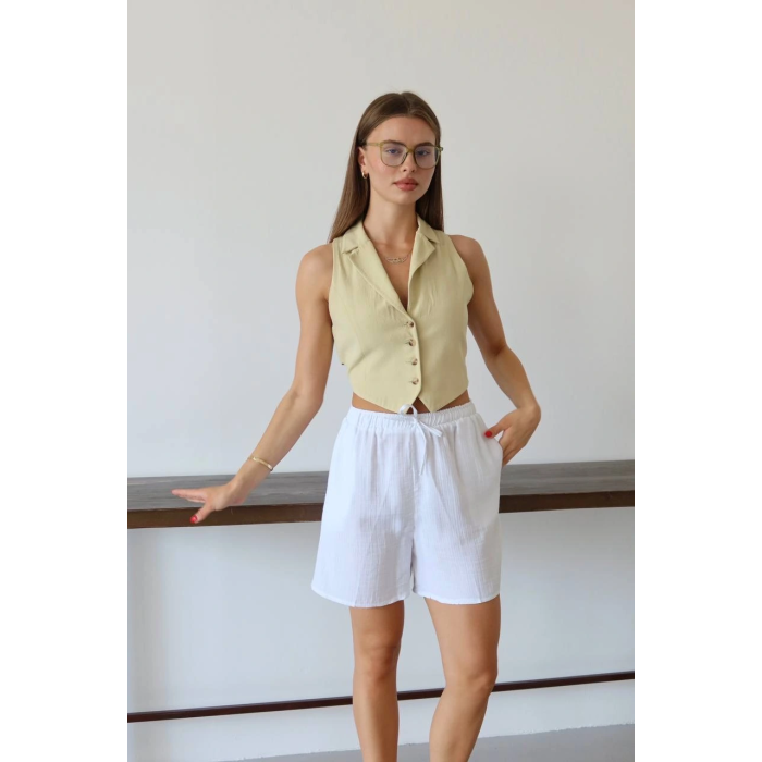 Müslin kumaş şort bağcıklı beyaz pt