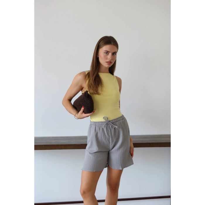 Müslin kumaş şort bağcıklı gri pt