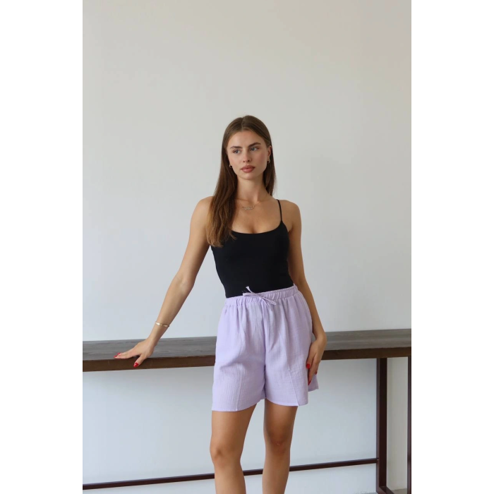 Müslin kumaş şort bağcıklı lila pt