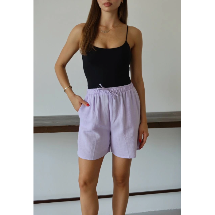 Müslin kumaş şort bağcıklı lila pt