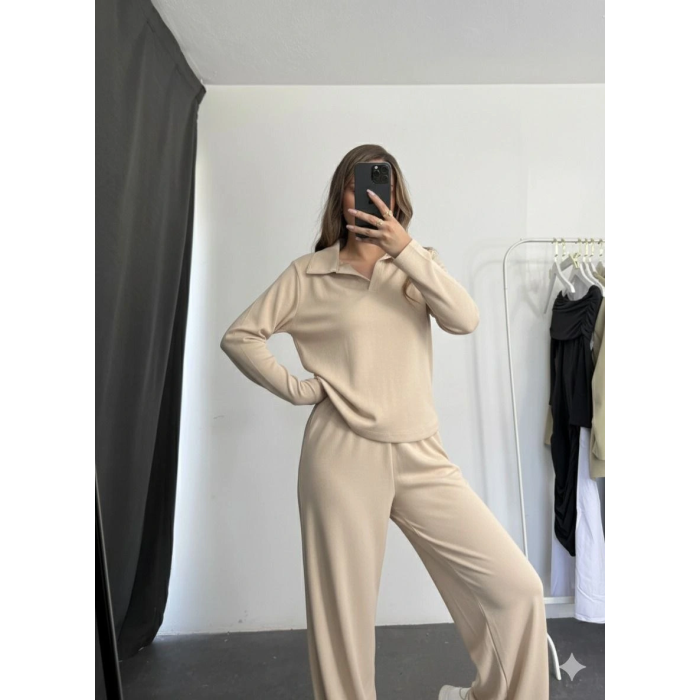 Polo yaka alt üst kollu modal takım bej pt