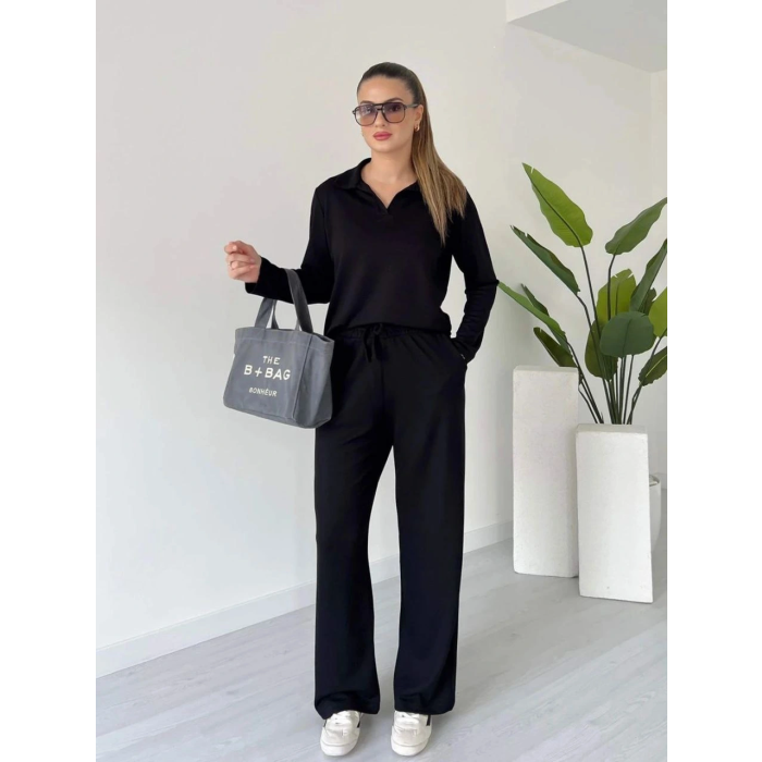 Polo yaka alt üst kollu modal takım siyah pt