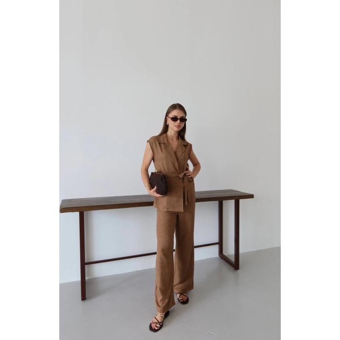 Keten yelek pantolon takım kahve pt