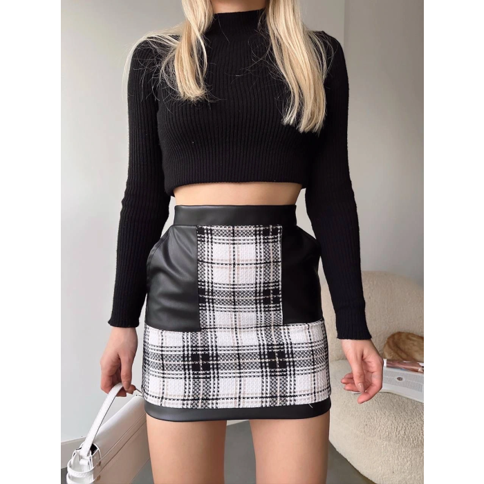 Deri cep garnili kaşe etek siyah h24604