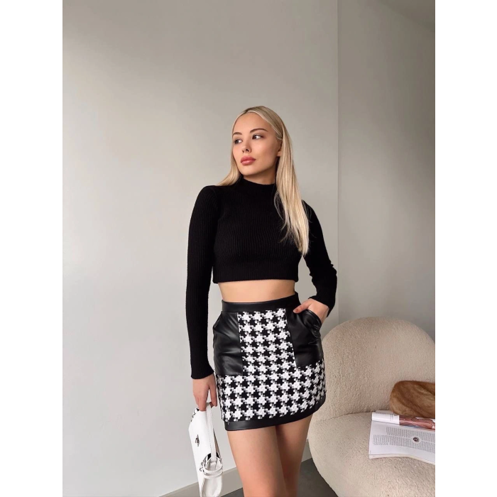 Deri garnili kaz ayağı kaşe etek siyah h24604