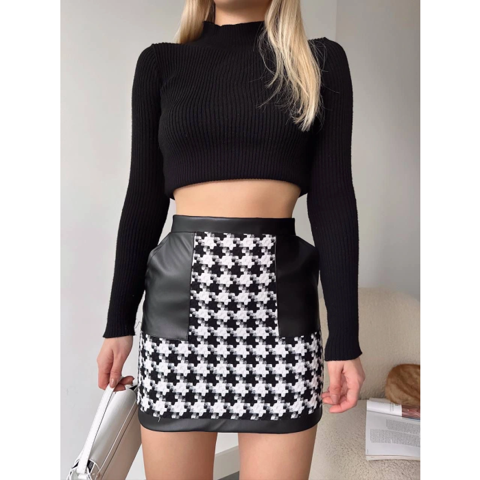 Deri garnili kaz ayağı kaşe etek siyah h24604