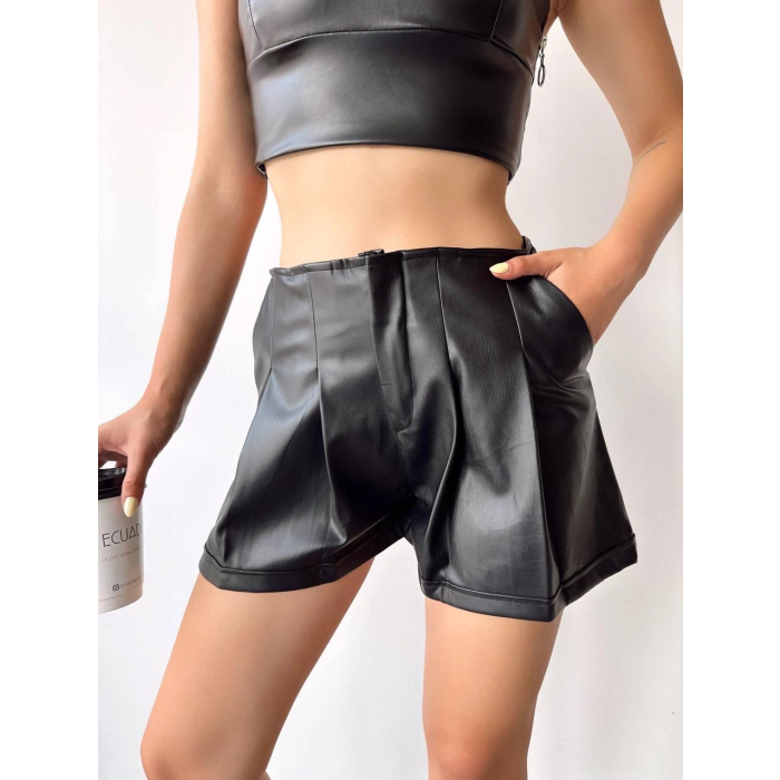 Pileli deri şort siyah h240053