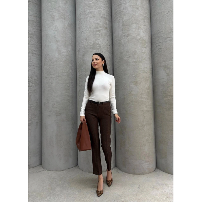 Dar paça kemerli kumaş pantolon kahve pt53