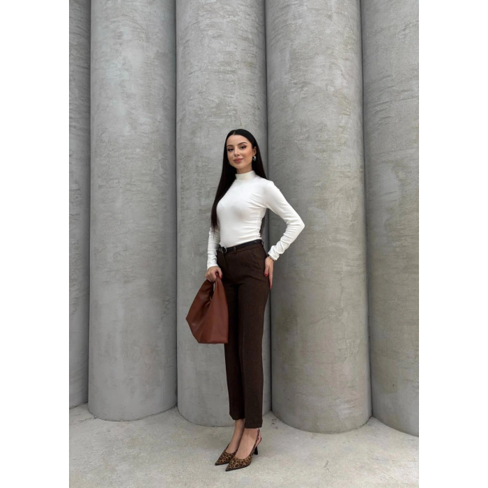 Dar paça kemerli kumaş pantolon kahve pt53