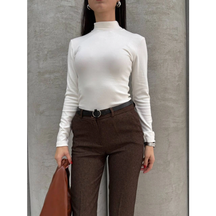 Dar paça kemerli kumaş pantolon kahve pt53