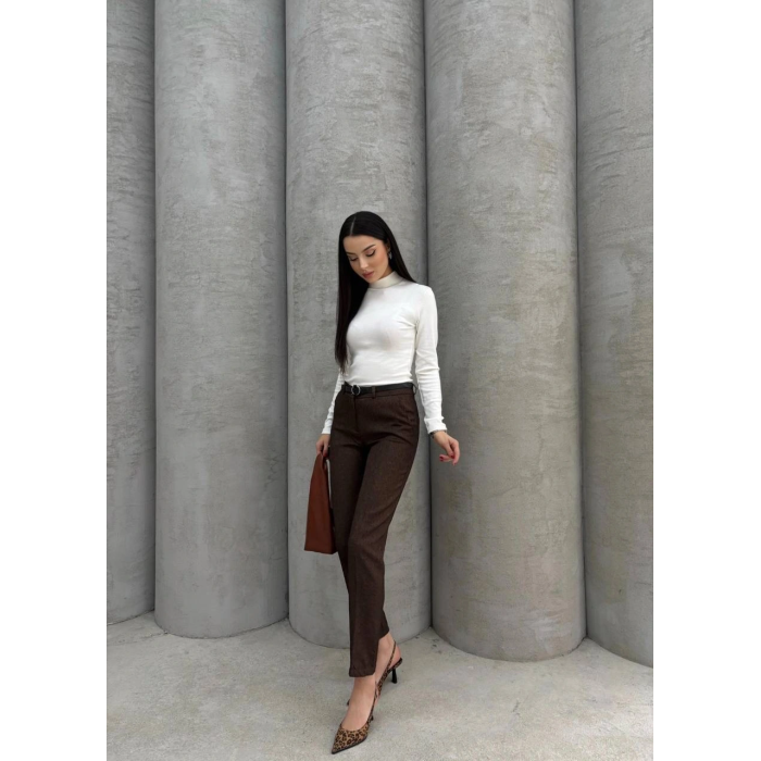 Dar paça kemerli kumaş pantolon kahve pt53