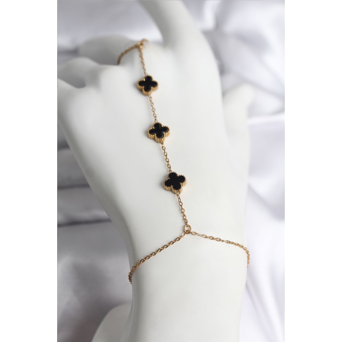 316L Çelik Gold Renk Siyah Yonca Model Kadın Şahmeran