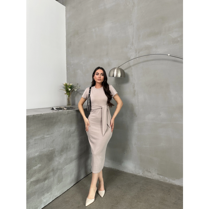 Kuşaklı mdl esnek kumaşlı elbise bej pt