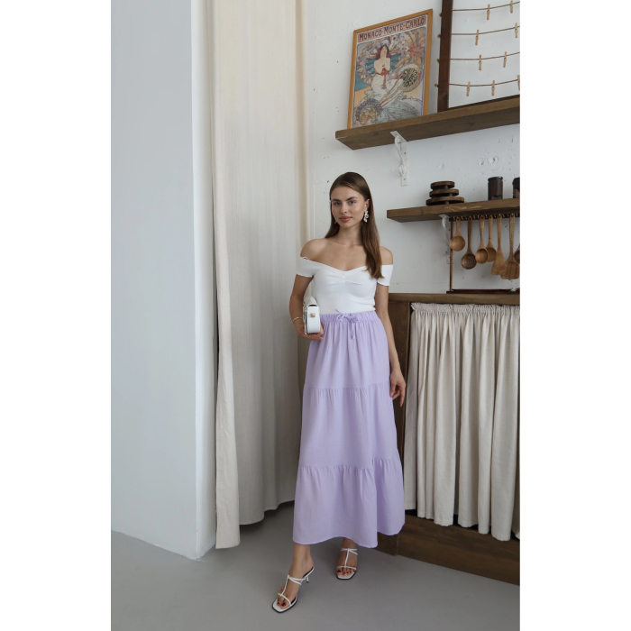Müslin kumaş keten uzun etek lila pt