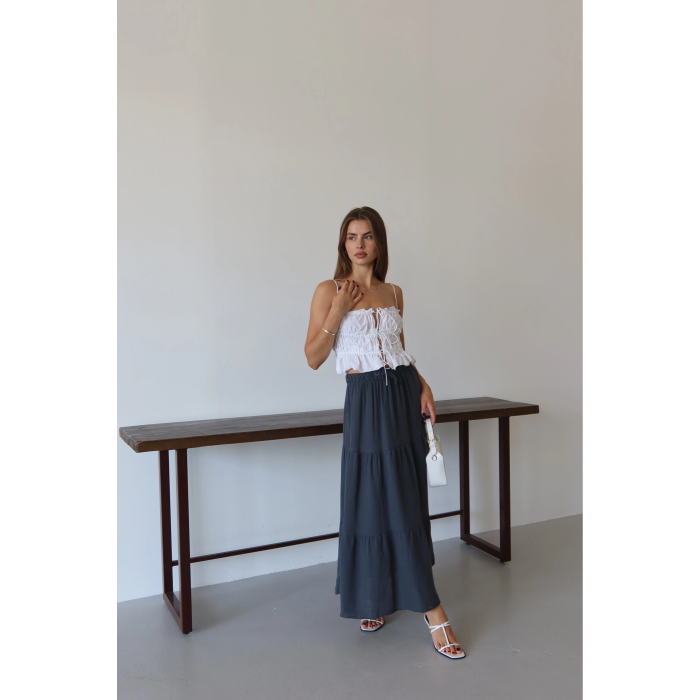 Müslin kumaş keten uzun etek antrasit pt