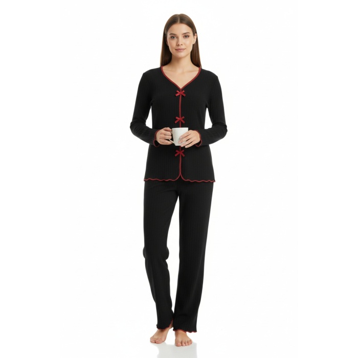 Premium Kadın 4’lü Fitilli Set – Siyah Kırmızı Biyeli (Pijama Üst, Pantolon, Bikini Takımı)