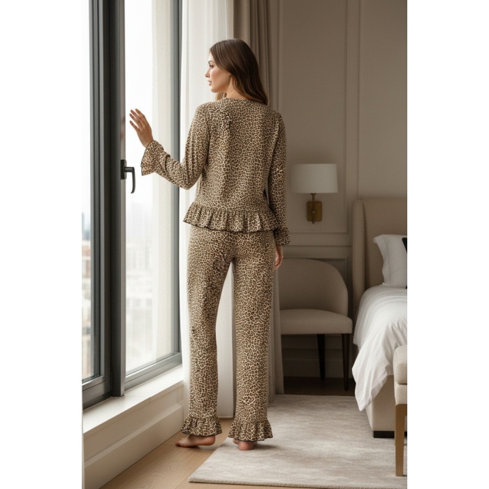 Kadın Uzun Kollu Leopar Desenli Fiyonklu Ev Giyim Pijama Takımı