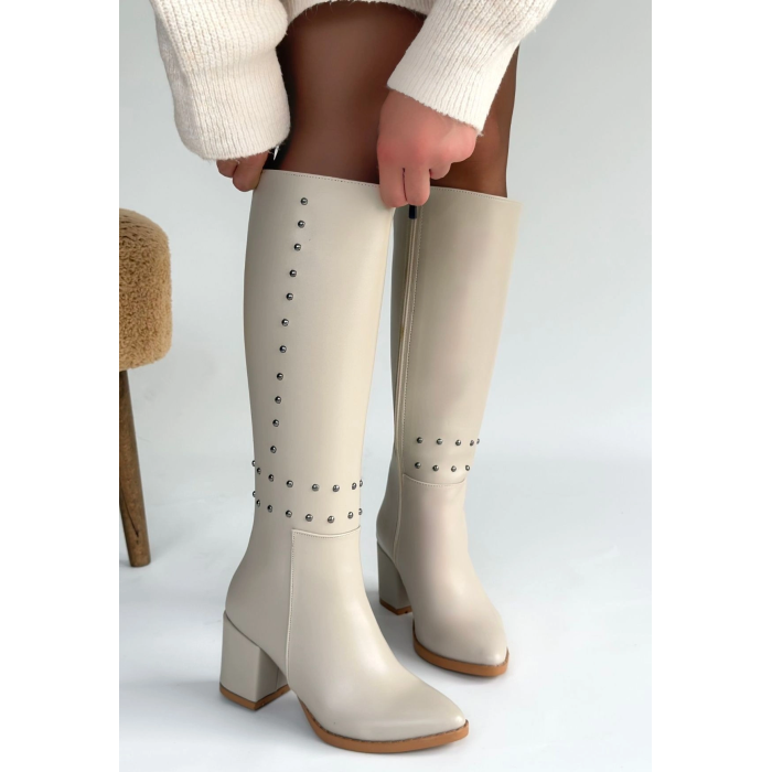 Tiyan Bej Cilt Topuklu Çizme