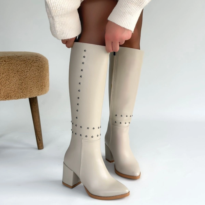 Tiyan Bej Cilt Topuklu Çizme