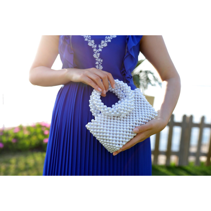 İncili el yapımı yuvarlak kol el çantası