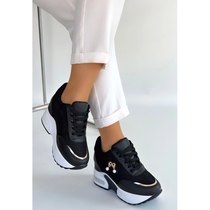 Wody Siyah Cilt Simli Bağcıklı Spor Ayakkabı