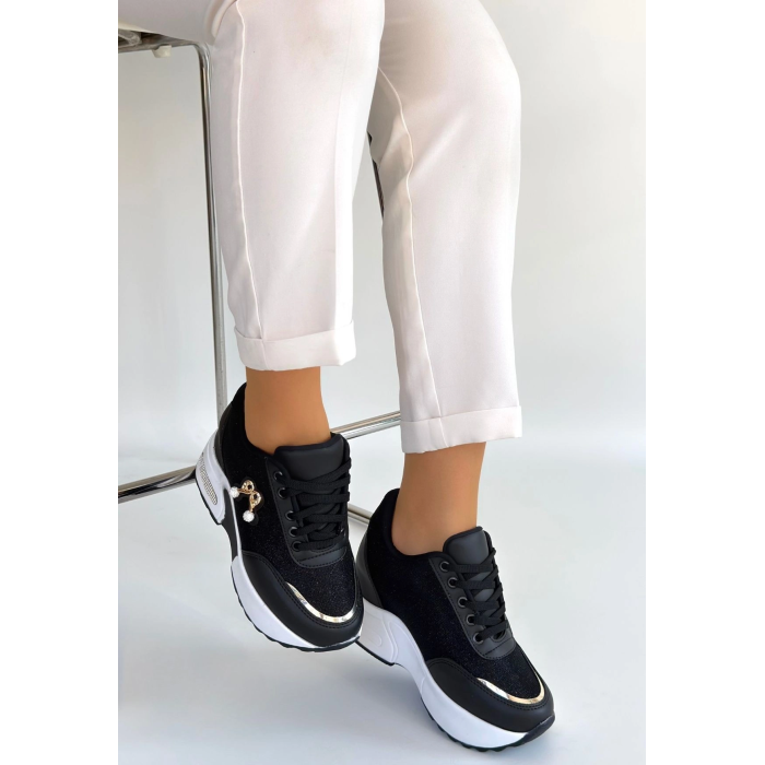 Wody Siyah Cilt Simli Bağcıklı Spor Ayakkabı