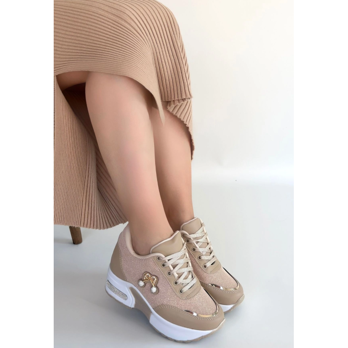 Wody Bej Cilt Simli Bağcıklı Spor Ayakkabı