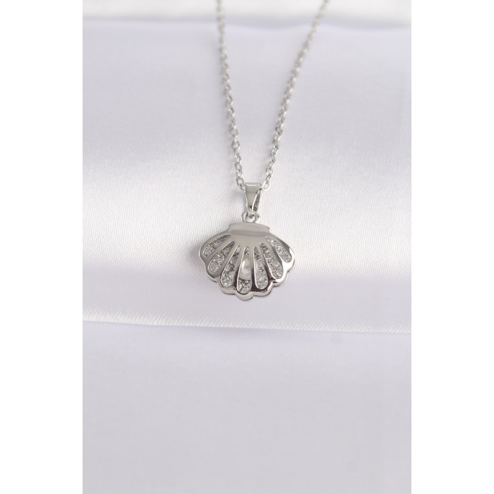 316L Çelik Zincir Gümüş Renk Zirkon Taşlı İnci Detay İstiridye Kolye