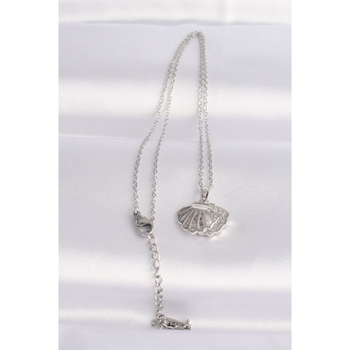 316L Çelik Zincir Gümüş Renk Zirkon Taşlı İnci Detay İstiridye Kolye