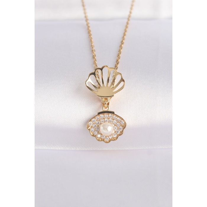 316L Çelik Zincir Altın Renk Zirkon Taşlı İnci Detay İstiridye Kolye