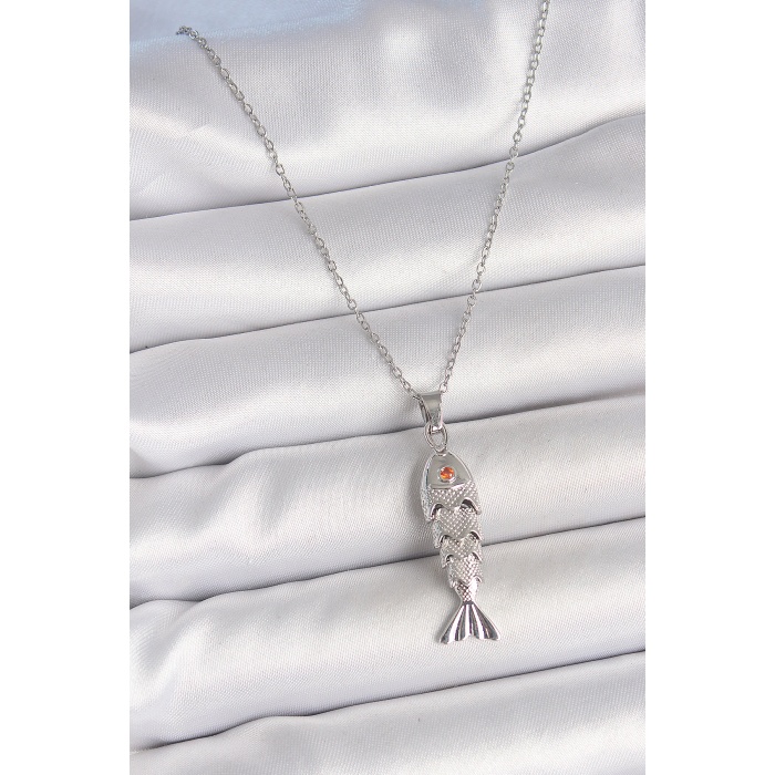 316L Çelik Zincir Gümüş Renk Zirkon Taşlı Balık Figürlü Kolye