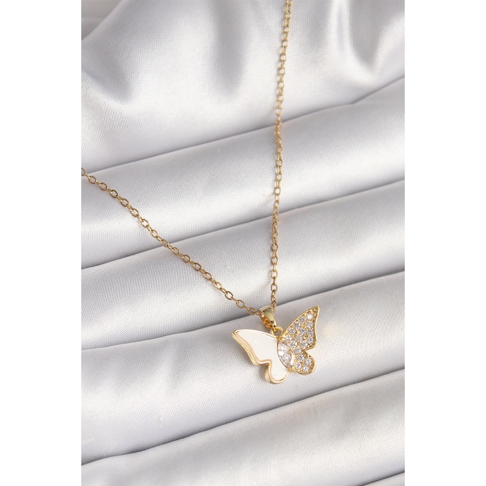 316L Çelik Gold Renk Zincir Zirkon Taşlı Beyaz Mineli Kelebek Model Kadın Kolye