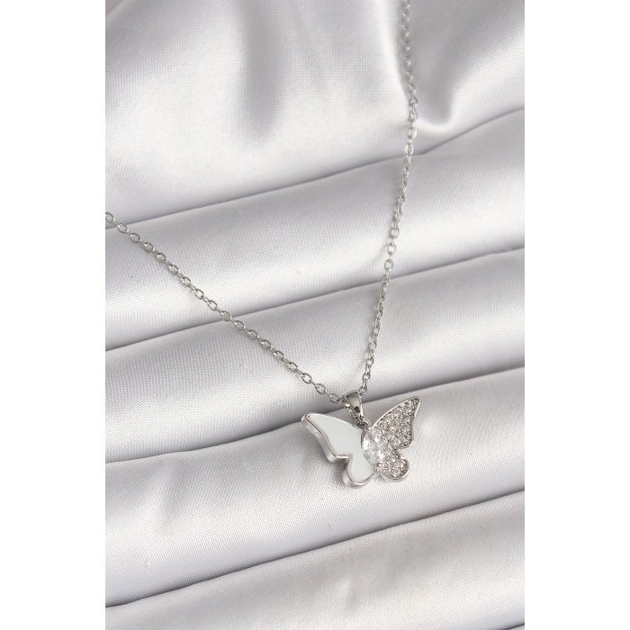 316L Çelik Gümüş Renk Zincir Zirkon Taşlı Beyaz Mineli Kelebek Model Kadın Kolye
